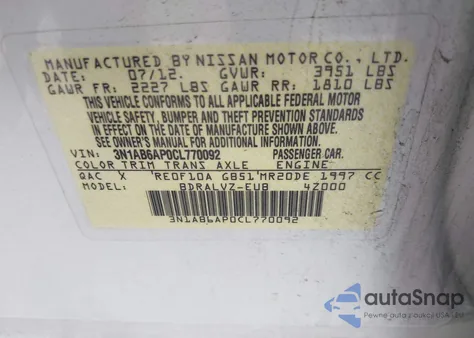 2012 Nissan Sentra 2.0 Sl из США, поврежденный, VIN 3N1AB6AP0CL770092